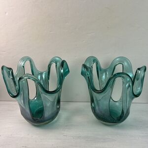 Handblown Polish Art Glass Aqua w/ Gold Avventurina Candle Holder Sculpture Pair
